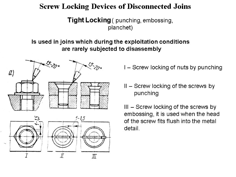 Screw Locking Devices of Disconnected Joins  Tight Locking ( punching, embossing, planchet) Is